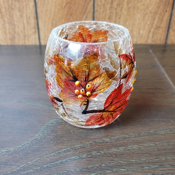 Yankee Cylinder Crackled Tea Light Holder Autumn Leaves Medium - Picture 1 of 6